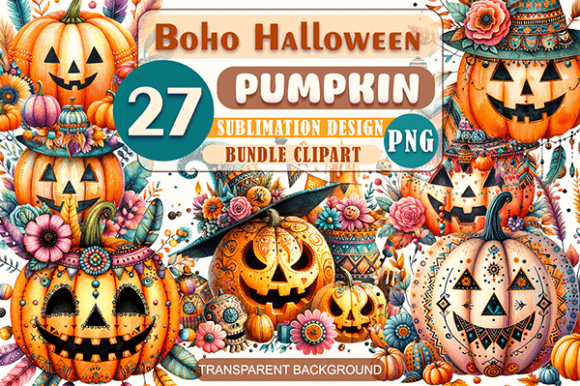 Download Boho Halloween Pumpkins Clipart Bundle - Boho Collection