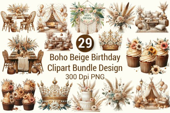 Download Boho Beige Birthday Clipart Bundle PNG - Boho Collection