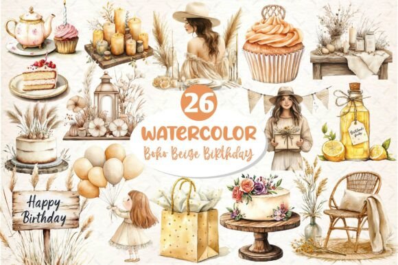 Download Boho Beige Birthday Clipart - Boho Collection