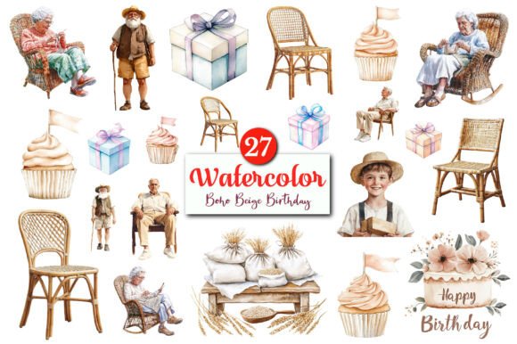 Download Watercolor Boho Beige Birthday Clipart - Boho Collection