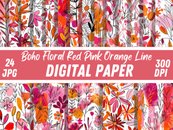 Download Boho Floral Red Pink Orange Line Pattern - Boho Collection