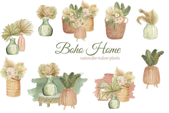 Download Boho Indoor Plants Watercolor Clipart - Boho Collection