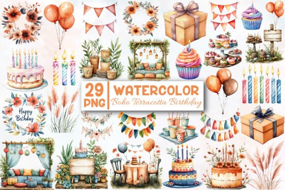 Download Boho Terracotta Birthday Clipart Bundle - Boho Collection